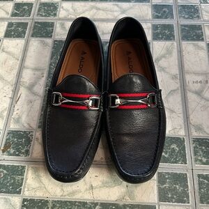 Aldo Black Men’s Slip On Loafers With Silver Buckle Detail Size 8